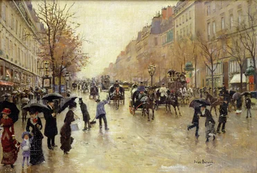 Le boulevard Poissonnière sous la pluie, vers 1885